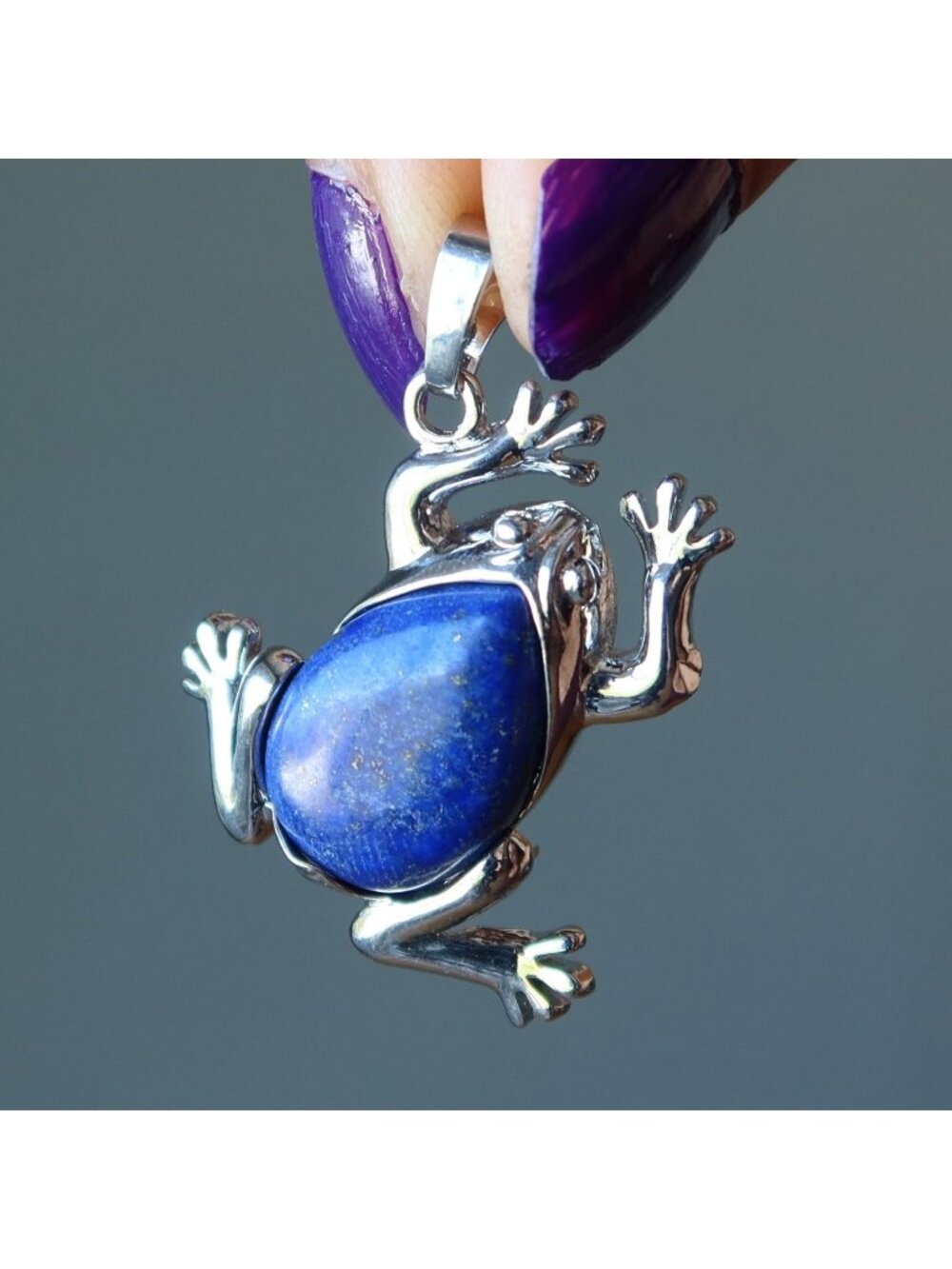 Lapis Lazuli Pendant Leap Frog Blue Gemstone Animal Charm Crystal Silver Dangle